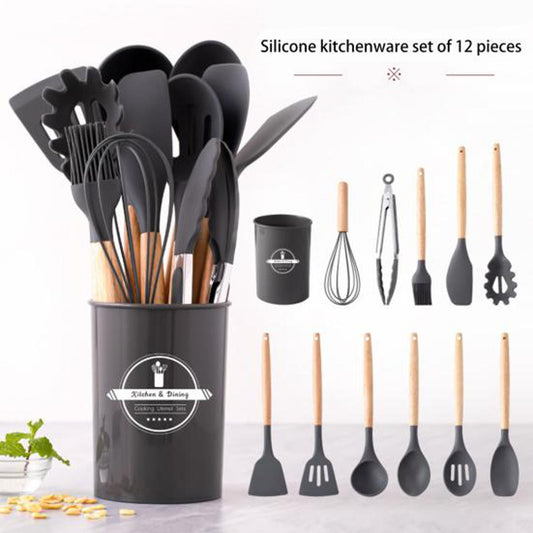 12 Pcs Silicone Cooking Utensils Kitchen Utensil Set - Heat Resistant Non-Toxic BPA Free Spatula Set with Turner Tongs,Spoon,Brush,Whisk-Wooden Handles Kitchen Gadgets